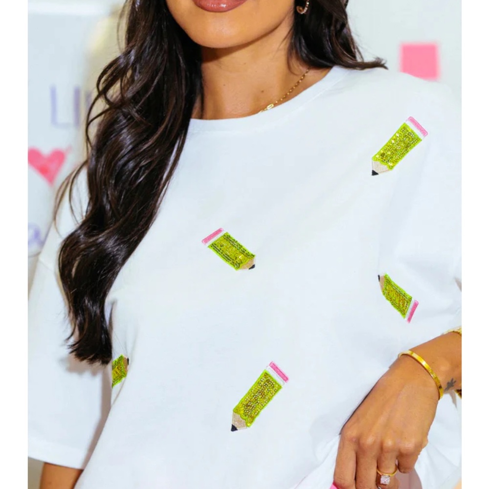 XL white comfy top! Green sequin and embroidered pencils on front only.